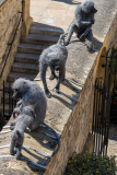 Sculpture of threemonkeys made of metal wire on the ramparts of the Tower of London.